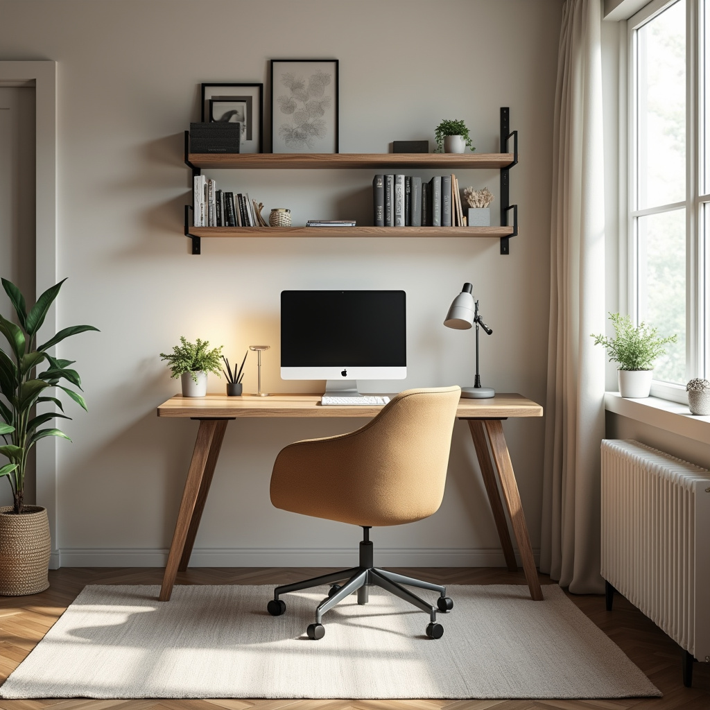 Home office pequeno com móveis multifuncionais.