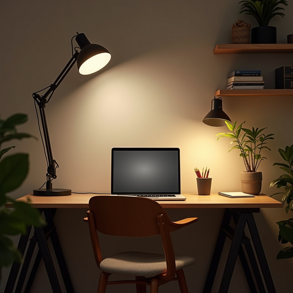 Home office com iluminação inteligente e design moderno.