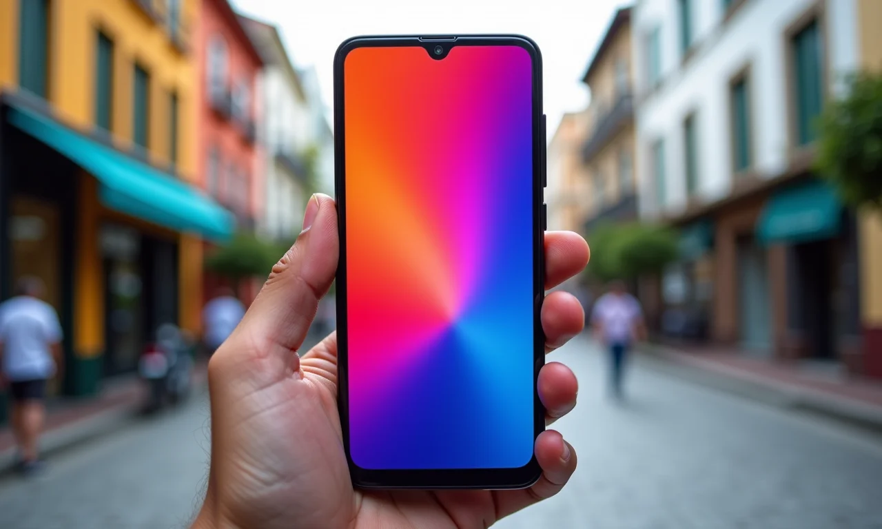 Smartphone Xiaomi Redmi mostrando uma interface de aplicativo vibrante.
