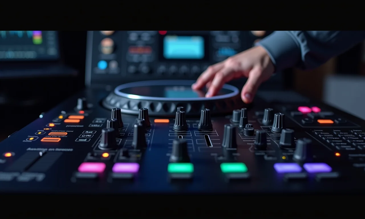 Software de DJ mostrando recursos avançados como efeitos, looping e sampling.