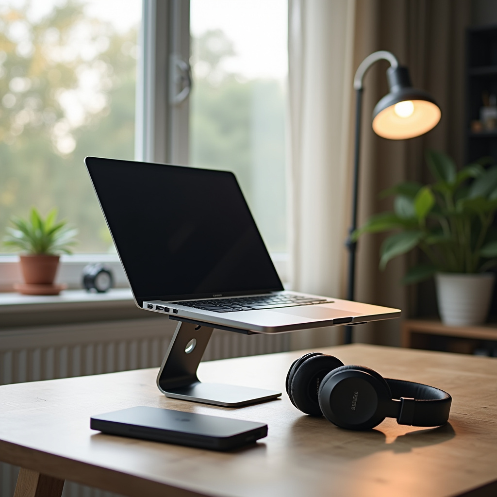 Home office com acessórios tecnológicos modernos.