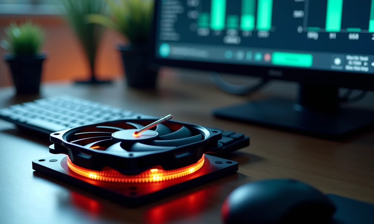 Termômetro em cooler de CPU, visualizando a temperatura e o consumo de energia em um monitor.