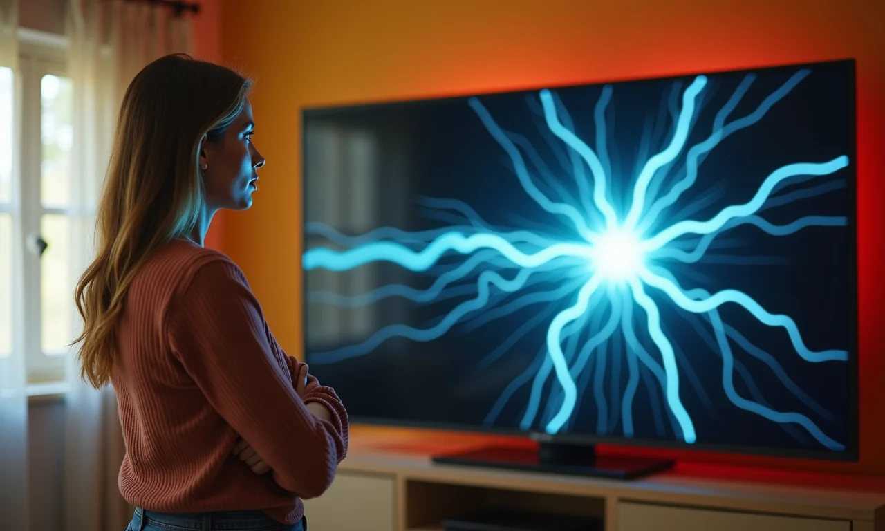 TV danificada por surto elétrico com mulher preocupada.