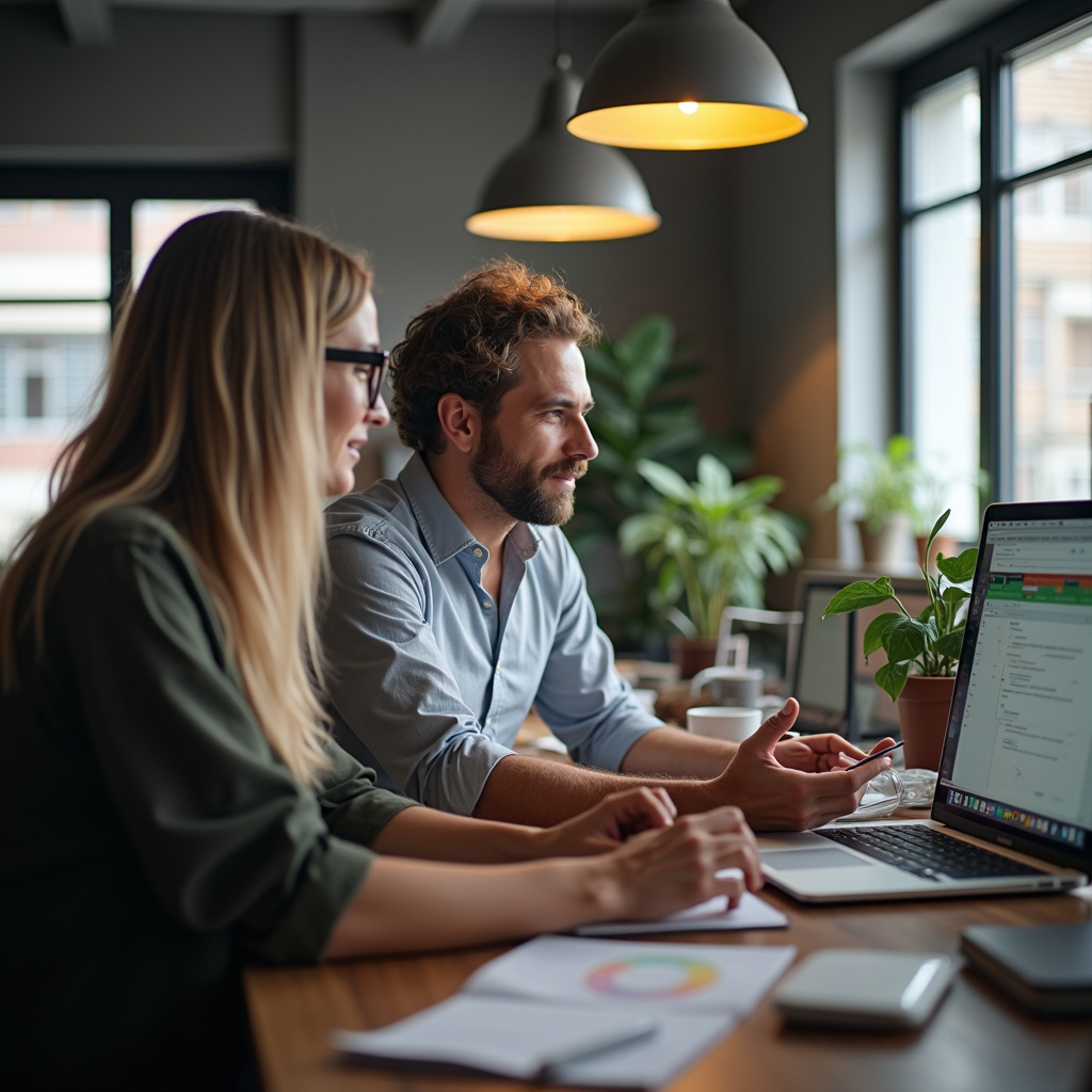 Two professionals discussing A/B testing results on landing pages in a modern Brazilian co-working Profissionais discutindo resultados de testes A/B de anúncios.