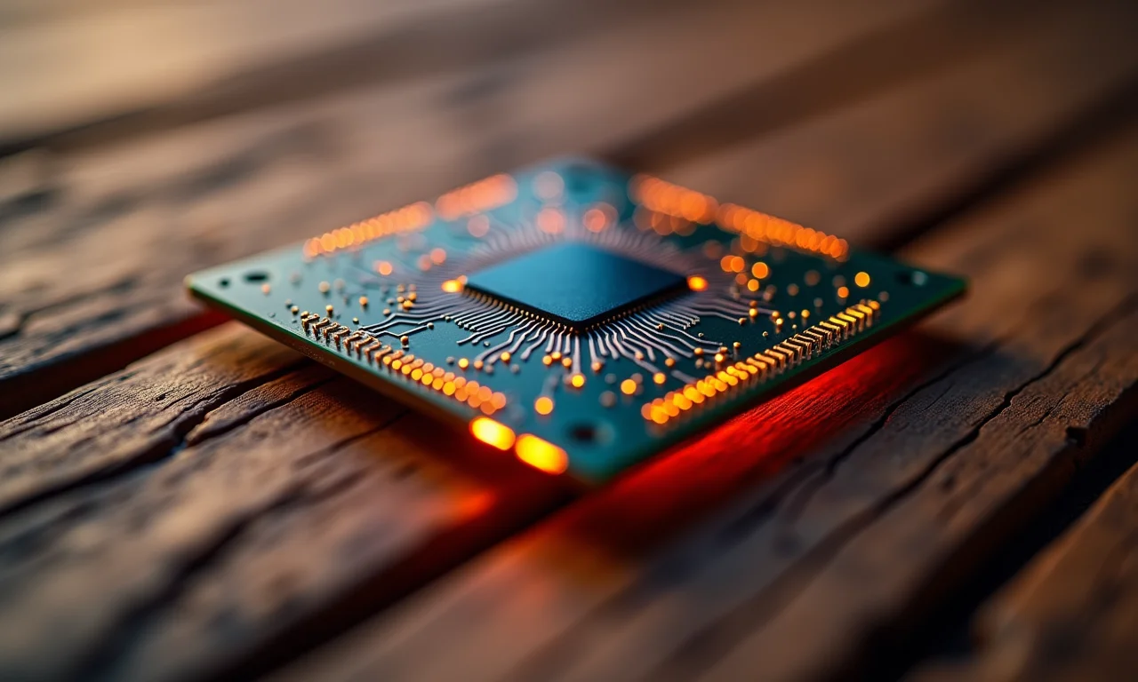 Um chip de CPU com circuitos brilhantes em uma superfície de madeira brasileira.