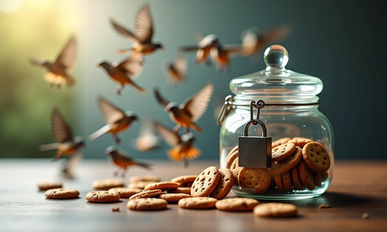 Um pote de biscoitos digital com um cadeado sendo substituído por um bando de pássaros voando livremente, simbolizando o FLoC como alternativa aos cookies.