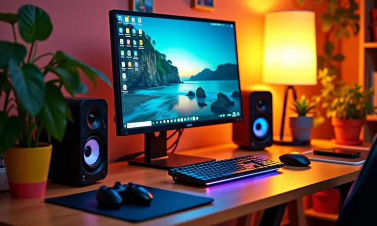 Um setup de PC moderno e vibrante em estilo brasileiro.