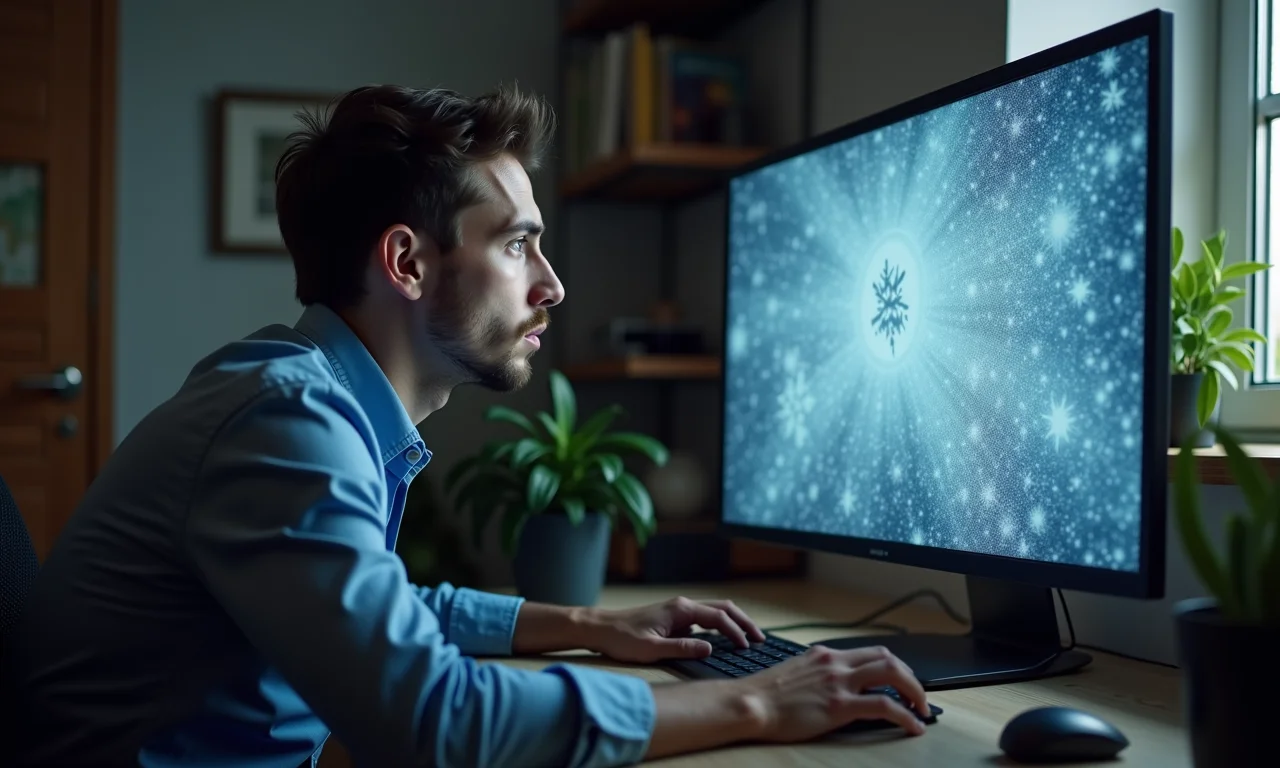 Usuário frustrado com PC travado e mouse congelado.