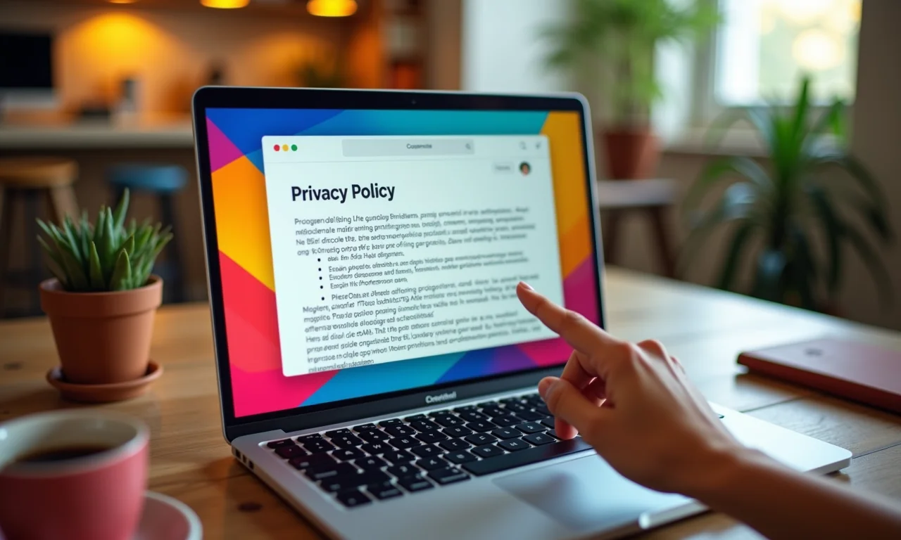 Usuário lendo atentamente a política de privacidade de um site em um laptop.