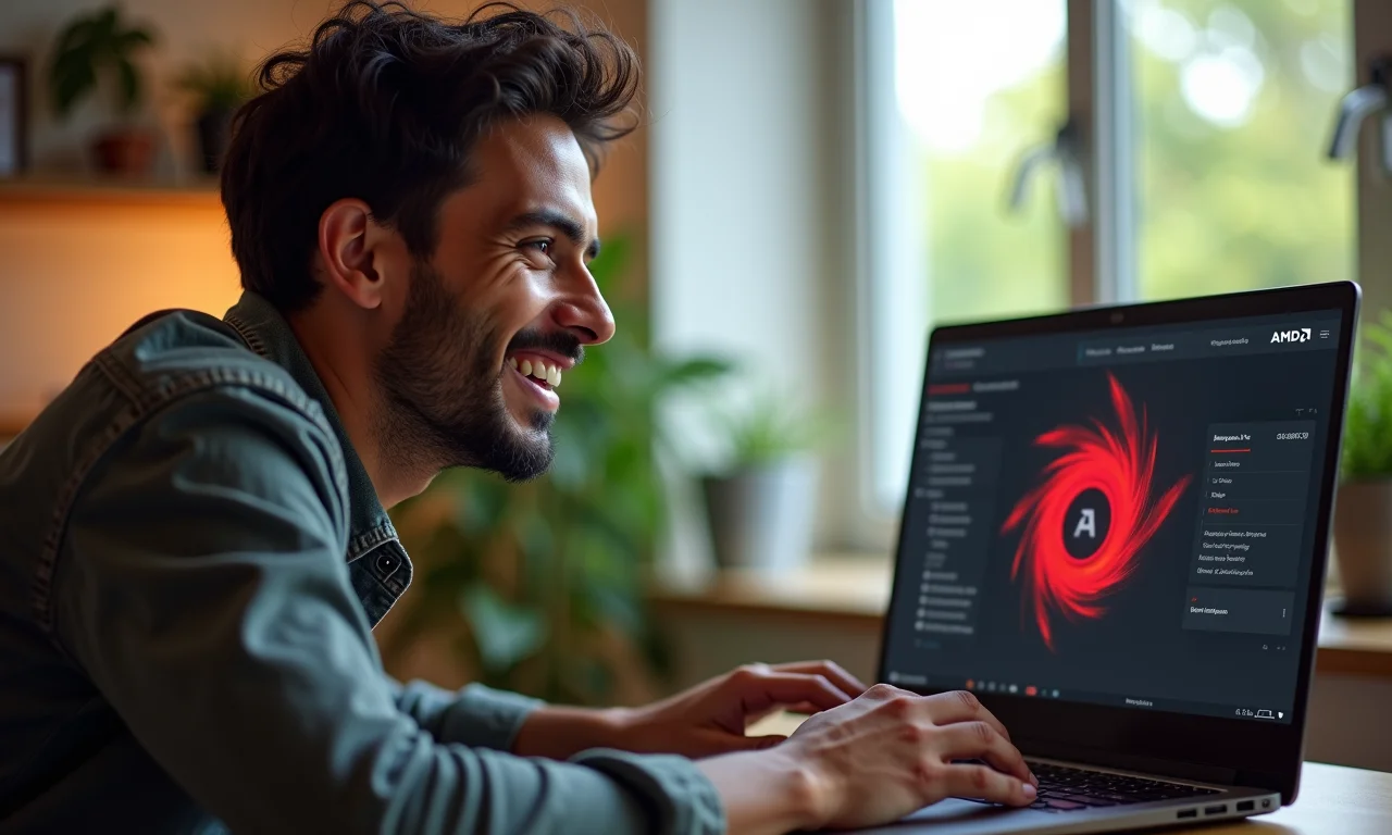 Usuário satisfeito utilizando o software AMD Adrenalin em um laptop gamer.