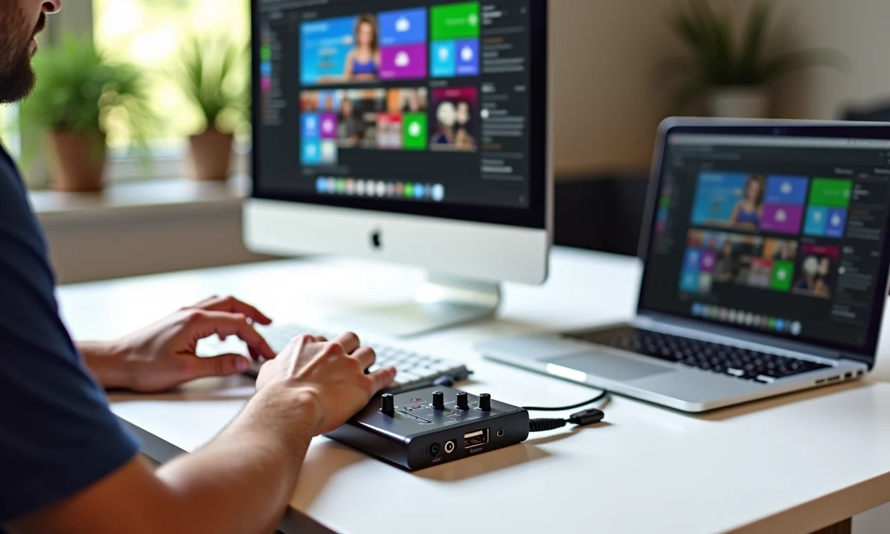 Usuário utilizando placa de som USB com PC e notebook.