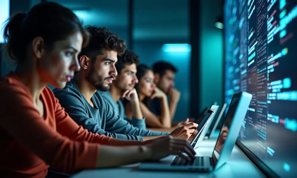 O que são Green Flags e Red Flags em Cibersegurança para Usuários Domésticos (2025) Usuários domésticos preocupados com a segurança online, com ícones de cibersegurança ao fundo.