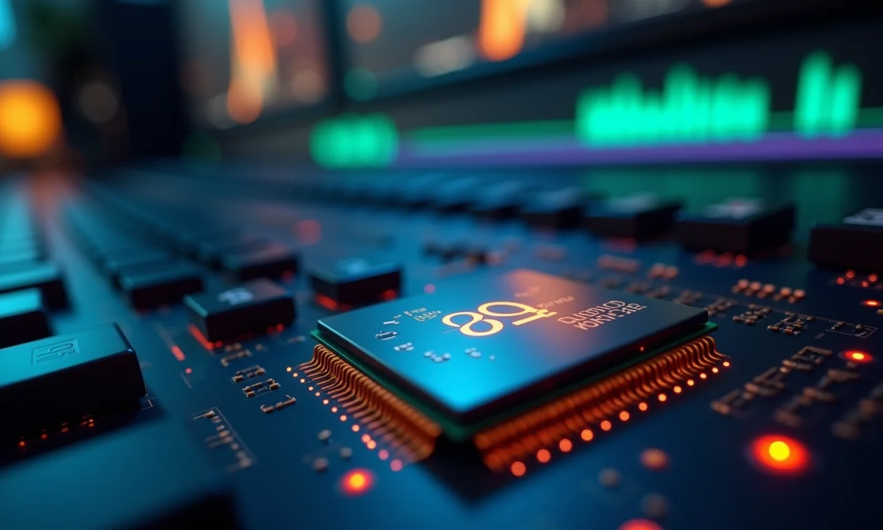 Velocidade de clock de um processador exibida digitalmente, crucial para a agilidade na edição.