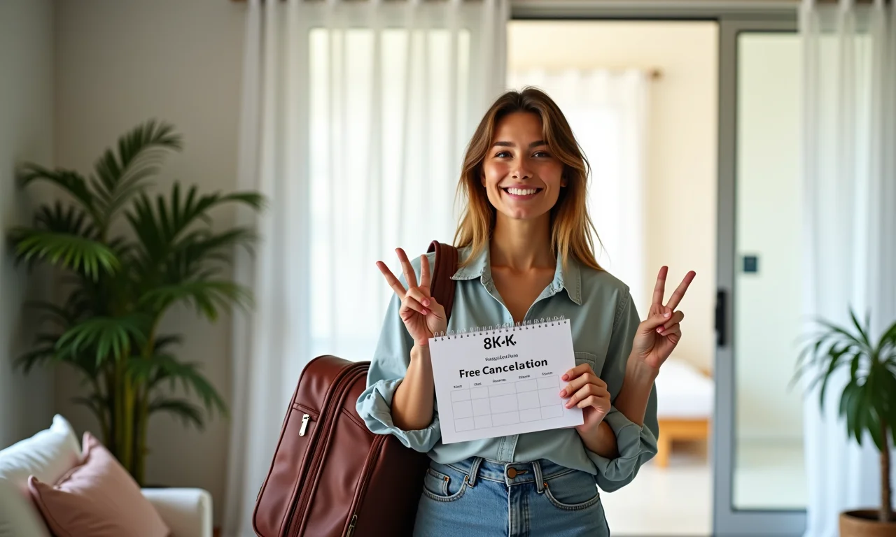 Viajante sorrindo em apartamento com política de cancelamento grátis visível no calendário.