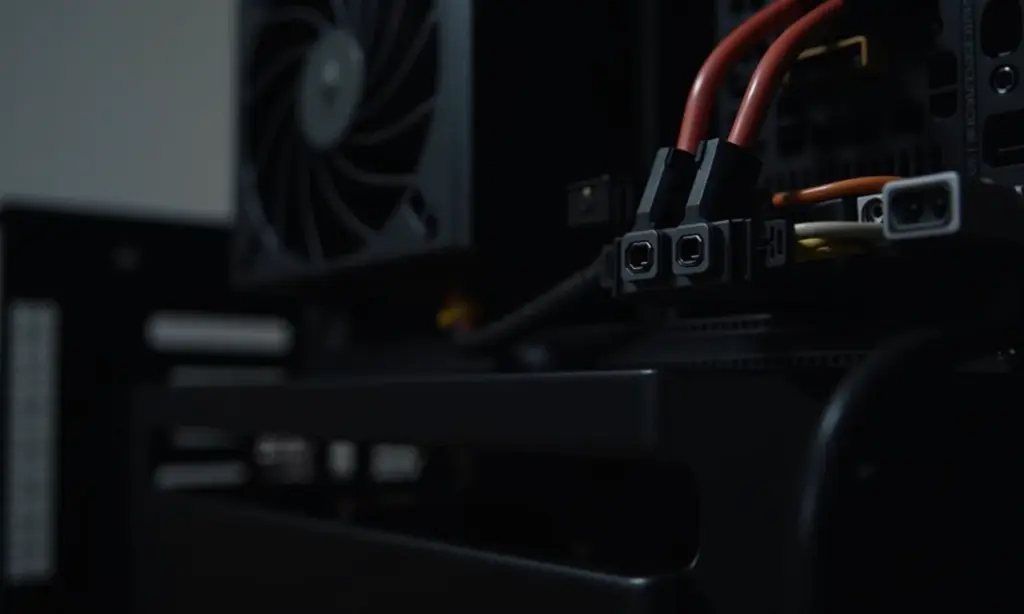 Visão detalhada de uma fonte de alimentação de PC moderna, com cabos e conectores visíveis.