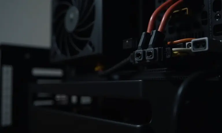 Visão detalhada de uma fonte de alimentação de PC moderna, com cabos e conectores visíveis.