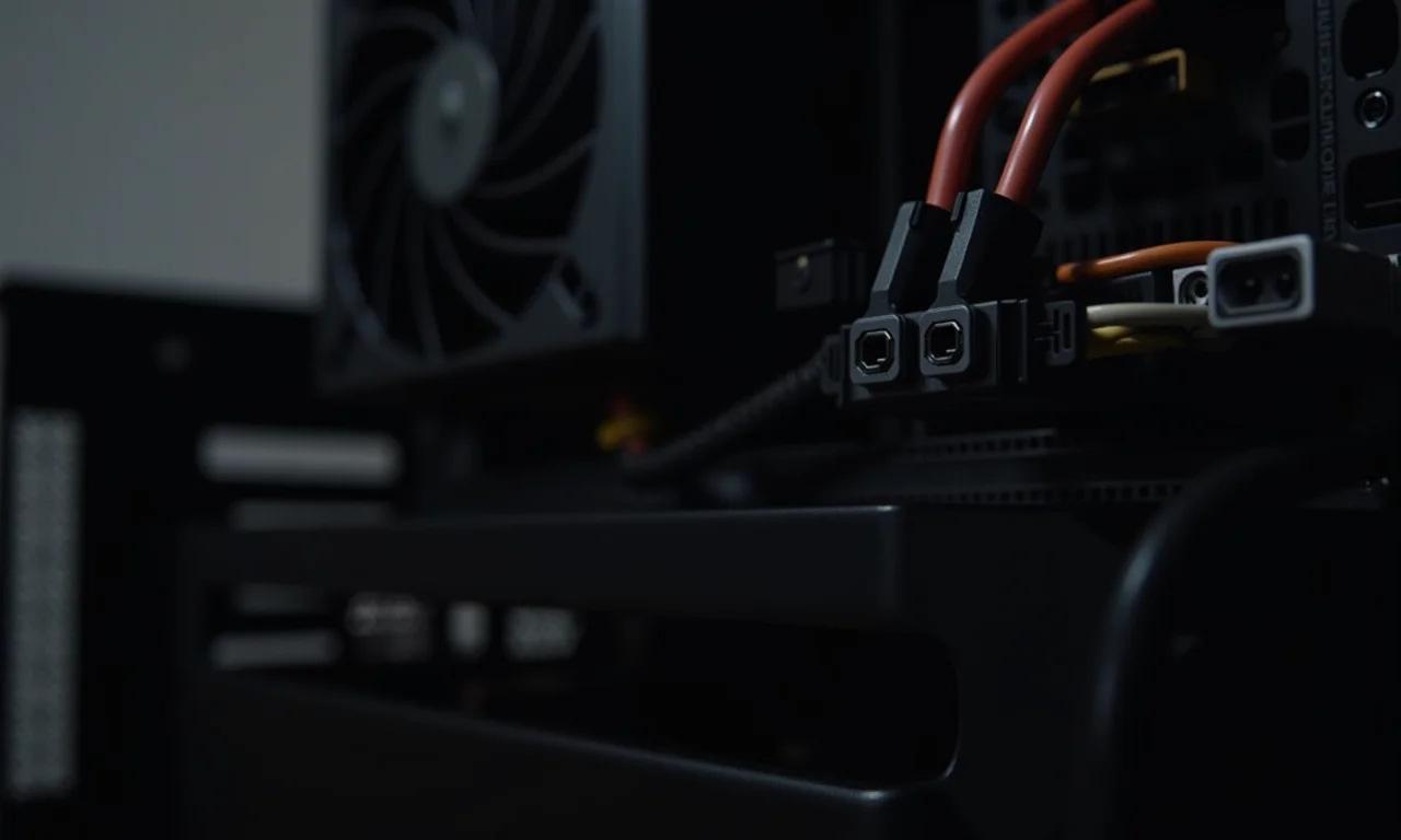 Visão detalhada de uma fonte de alimentação de PC moderna, com cabos e conectores visíveis.