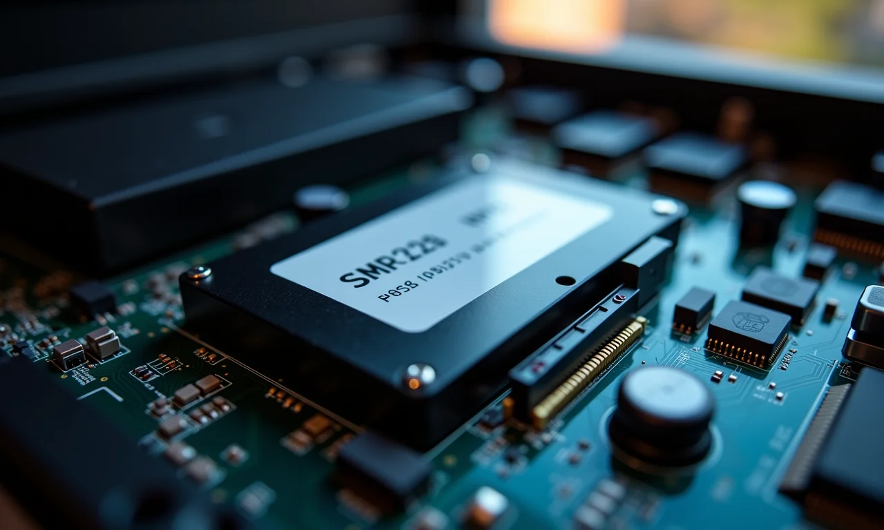 Visão interna de um computador mostrando um SSD.