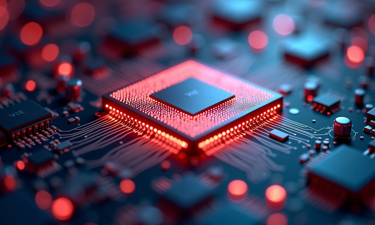 Visão microscópica da arquitetura de um chip de 3nm, representando a tecnologia avançada da litografia.