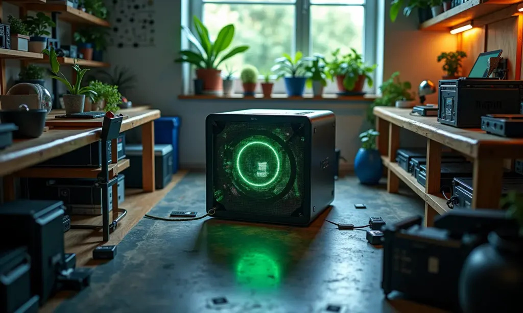 Guia de Processadores Para Montar um Sistema NAS Caseiro Visão superior de um sistema NAS caseiro sendo montado em uma bancada colorida.