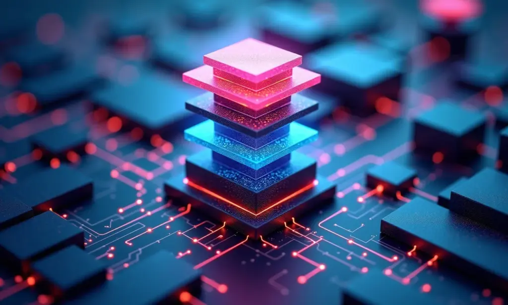 Arquitetura JAMstack Guia Para Iniciantes Rápidos Visualização abstrata da arquitetura JAMstack, mostrando blocos de construção digital interconectados.