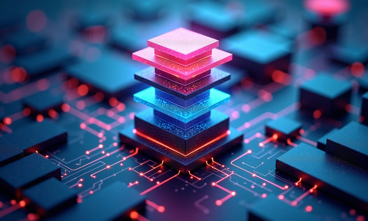 Visualização abstrata da arquitetura JAMstack, mostrando blocos de construção digital interconectados.