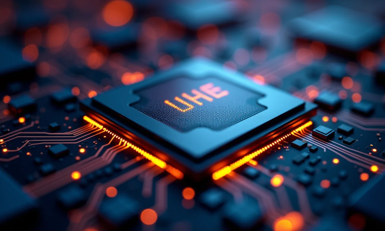 Visualização abstrata de núcleos e threads de CPU representando poder de processamento.