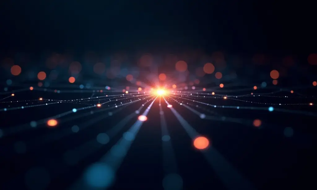 Observabilidade em Sistemas Logs Métricas e Traces Visualização abstrata de sistemas interconectados, representando observabilidade com logs, métricas e traces.