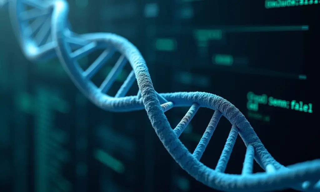 Visualização da bioinformática: DNA e código de computador se unindo.