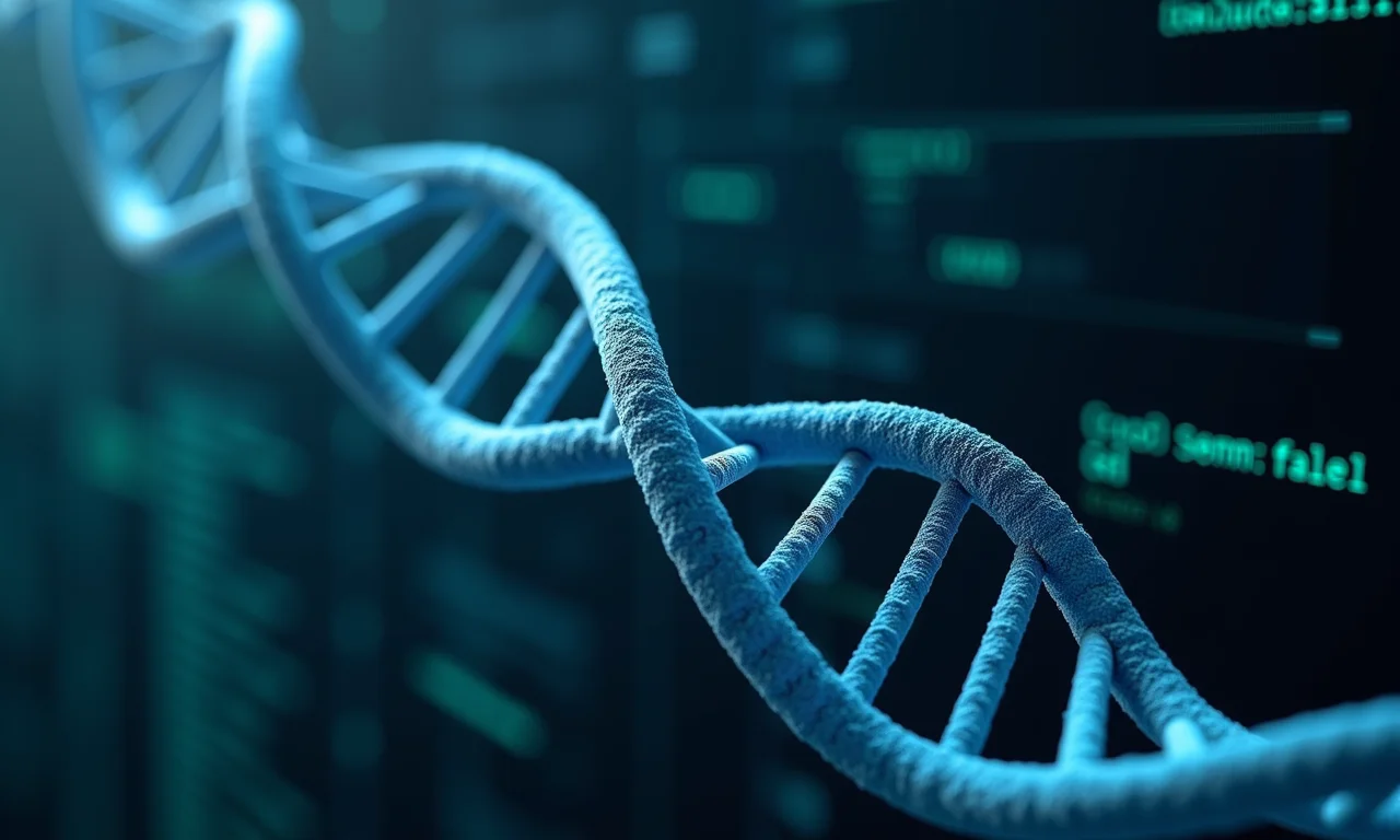 Visualização da bioinformática: DNA e código de computador se unindo.