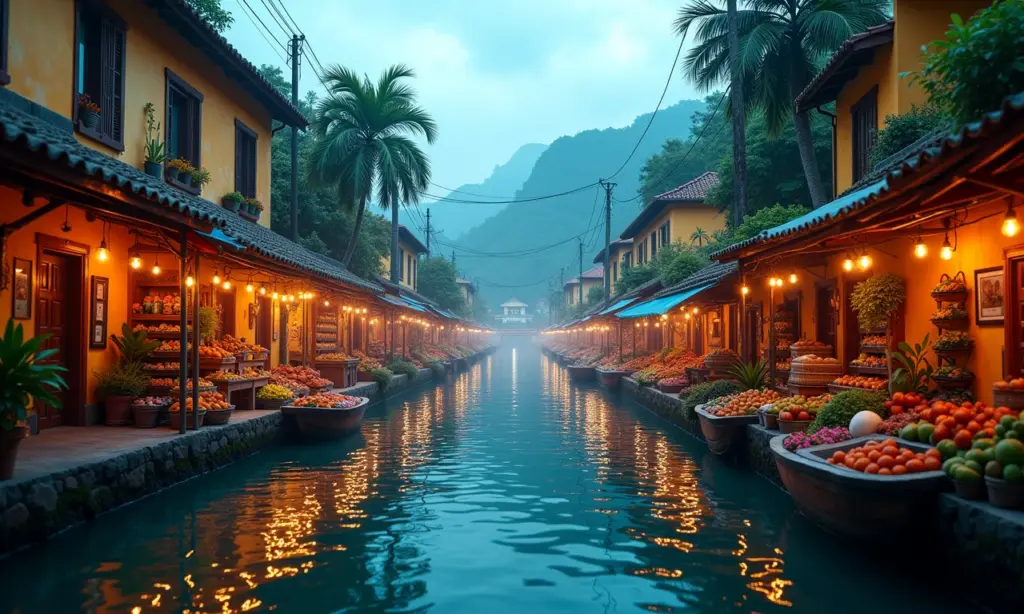 O Que é um API Gateway e Sua Função em Microserviços Visualização de um API Gateway como um mercado brasileiro vibrante com fluxos de dados.