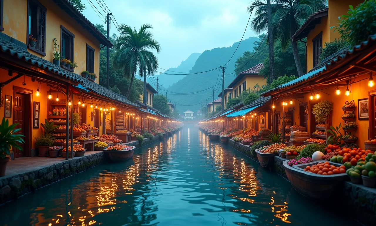 Visualização de um API Gateway como um mercado brasileiro vibrante com fluxos de dados.