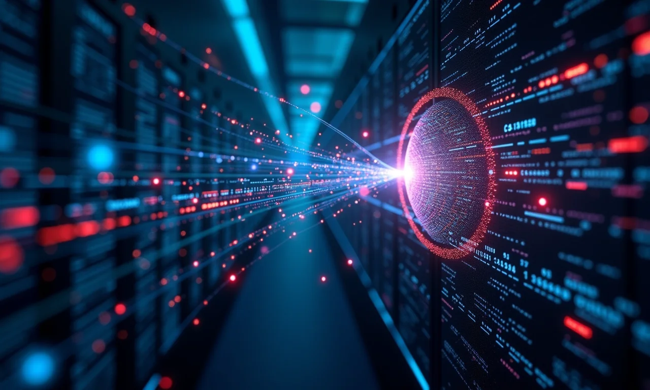 Visualização do volume de dados, fluxos massivos convergindo para um servidor central.