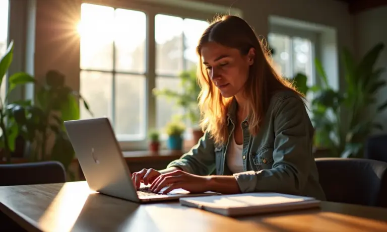 Voluntária documentando ações sociais em um laptop, escritório estilo Farm Rio.
