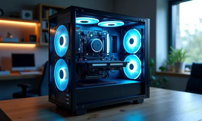 Workstation de alto desempenho renderizando gráficos 3D complexos, com componentes visíveis através do gabinete transparente.