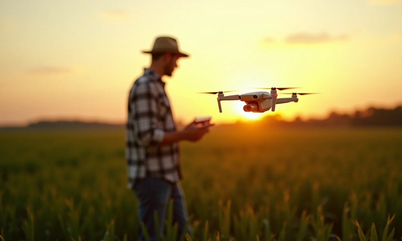 Agricultor utilizando um drone para monitorar a plantação.