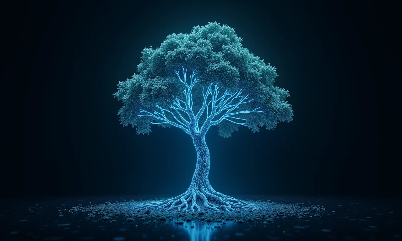 Árvore digital crescendo a partir de código blockchain