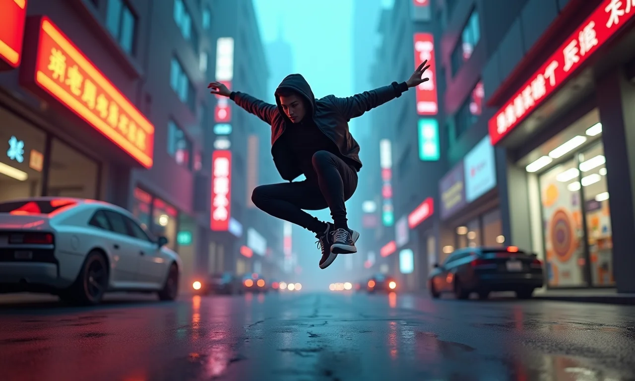 Atleta de parkour realizando salto dinâmico em ambiente urbano futurista.