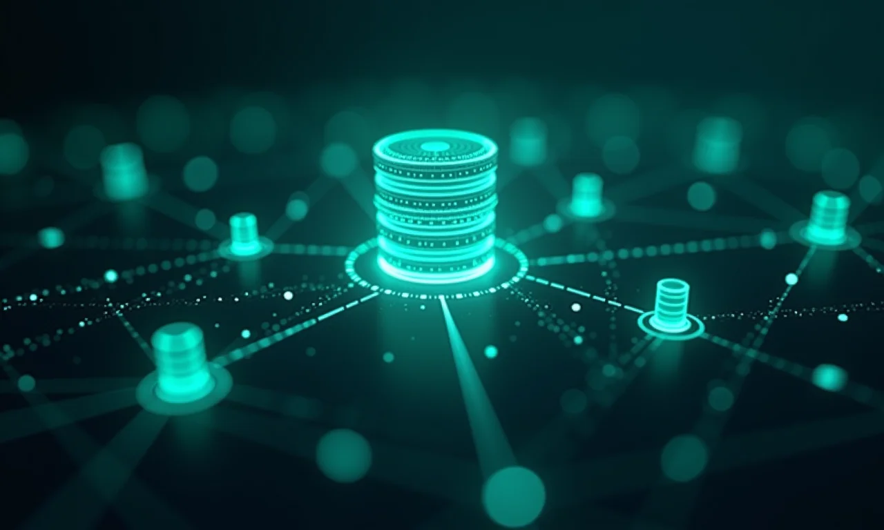 Banco de dados com nós e conexões brilhantes simbolizando informação completa e atualizada