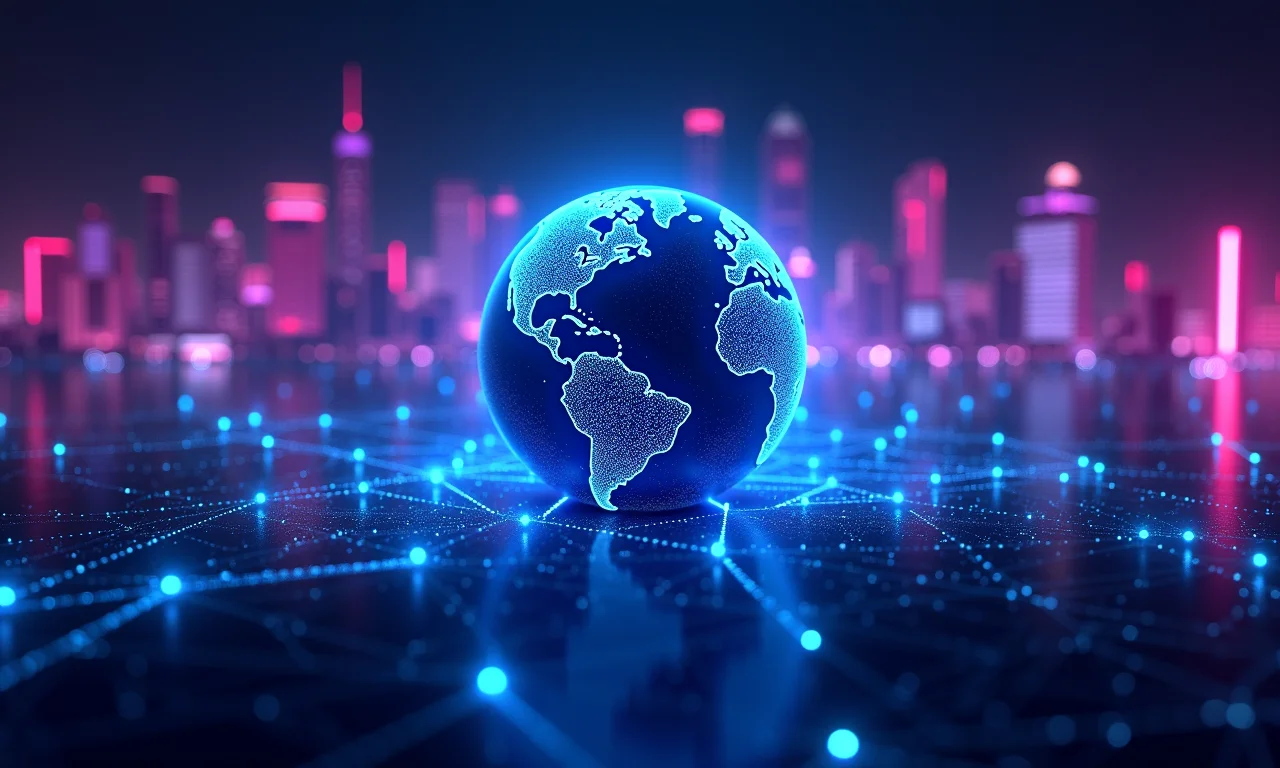 Blockchain global interconectada com neons futuristas