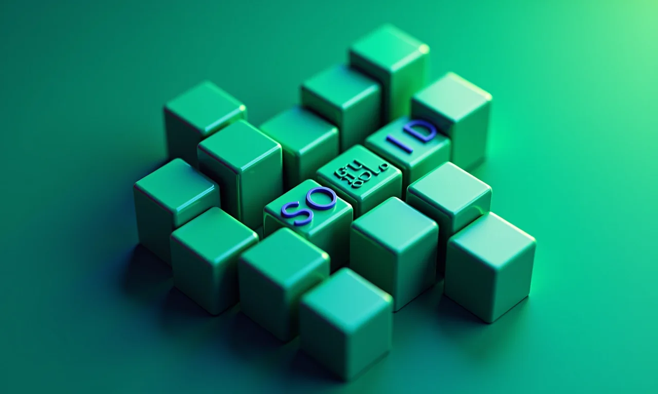 Blocos interconectados representando os princípios SOLID e sua relação com polimorfismo.