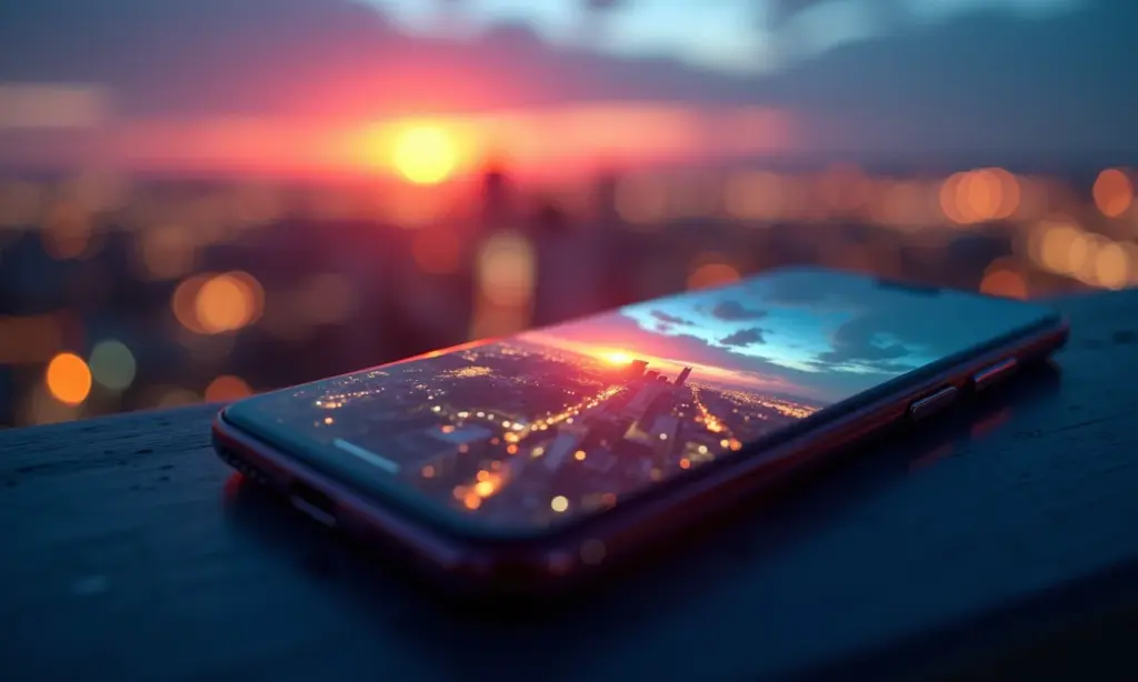 Câmera de celular capturando paisagem urbana ao entardecer