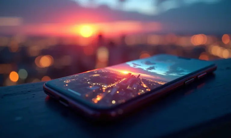Câmera de celular capturando paisagem urbana ao entardecer