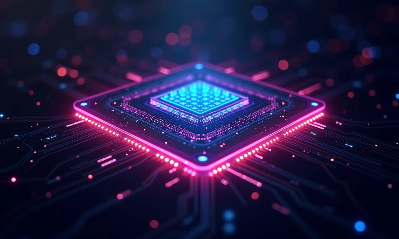 Chip neuromórfico com design intrincado e iluminação RGB.