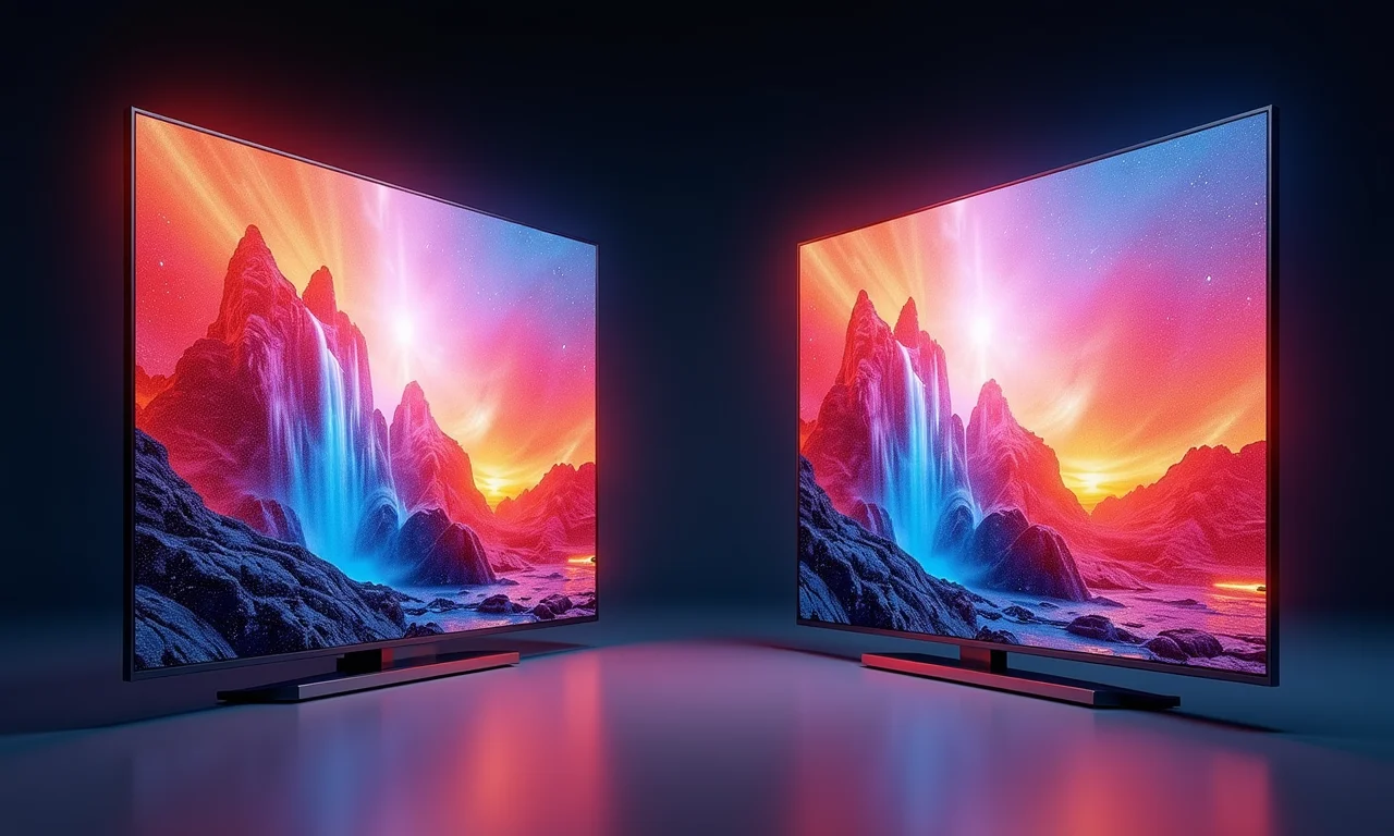 Comparativo lado a lado entre telas QD-OLED e OLED mostrando as diferenças de brilho e cor.