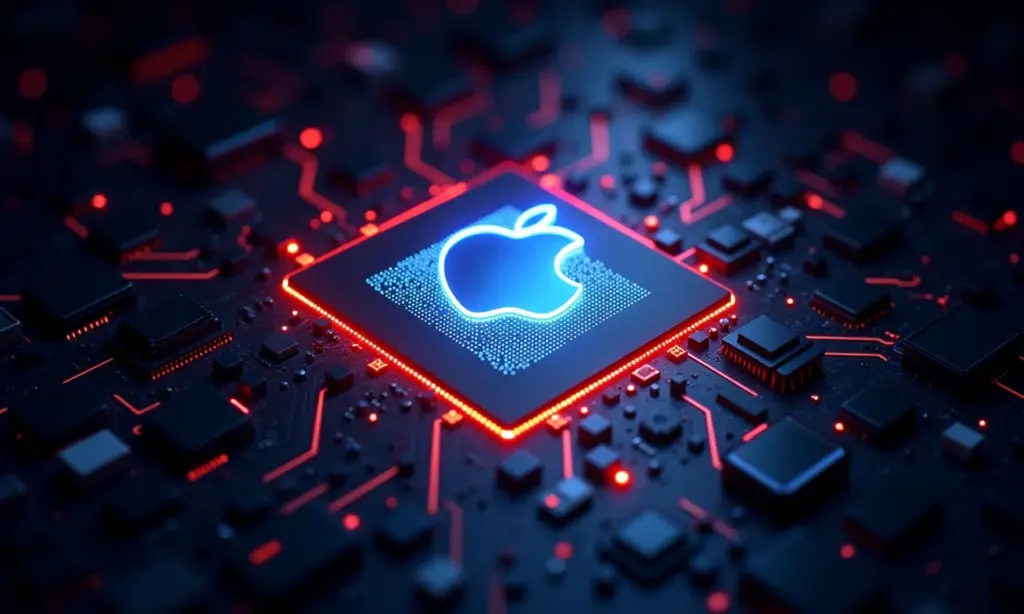Conceito visual de Hackintosh com peças de computador e logo da Apple