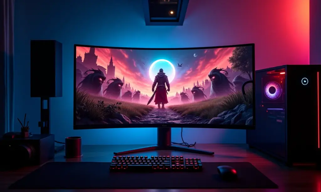 Configuração gamer de PC para streaming de RPG com iluminação RGB.