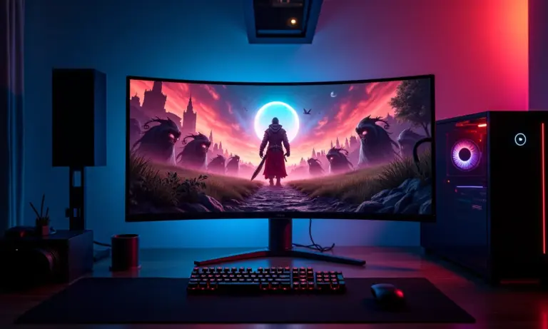 Configuração gamer de PC para streaming de RPG com iluminação RGB.