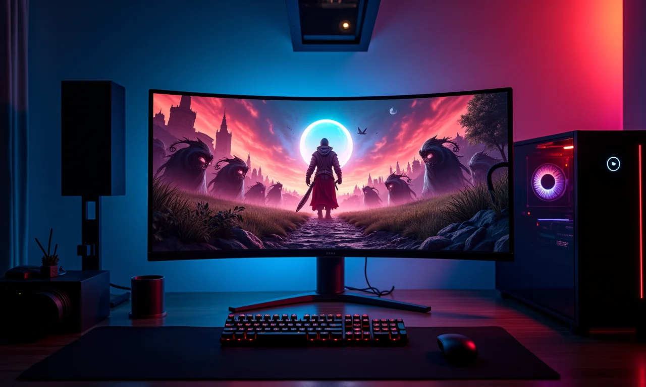 Configuração gamer de PC para streaming de RPG com iluminação RGB.