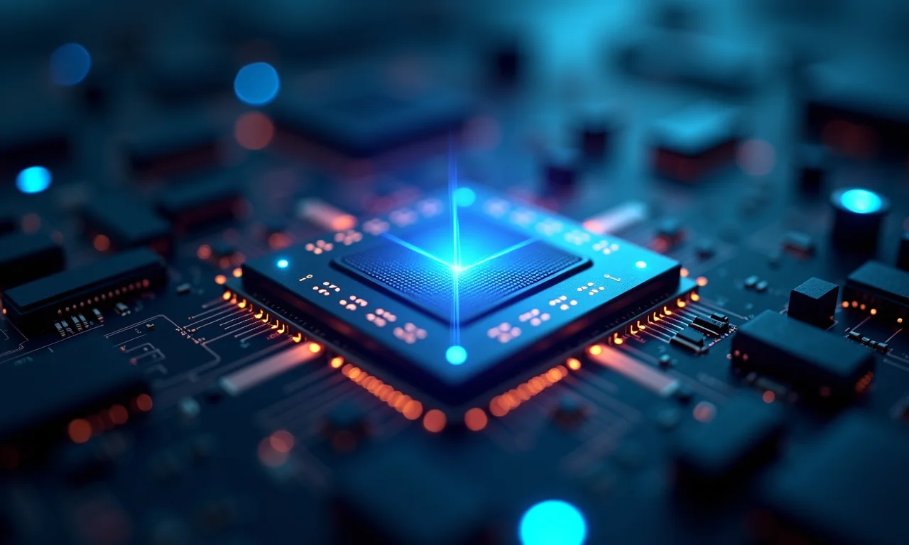 CPU moderno com raios de luz representando a frequência do clock.